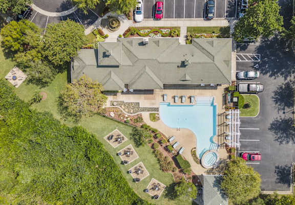 an aerial view of the resort style pool and parking lot at Saltmeadow Bay, Virginia Beach, 23451