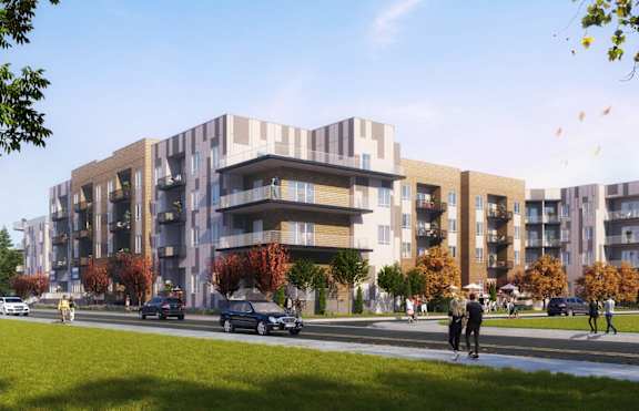 a rendering of an apartment building on a city street at Copestone, Garden City, 83714