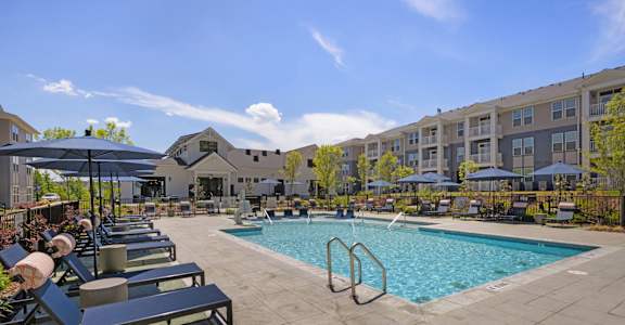 A large swimming pool surrounded by lounge chairs and umbrellas.