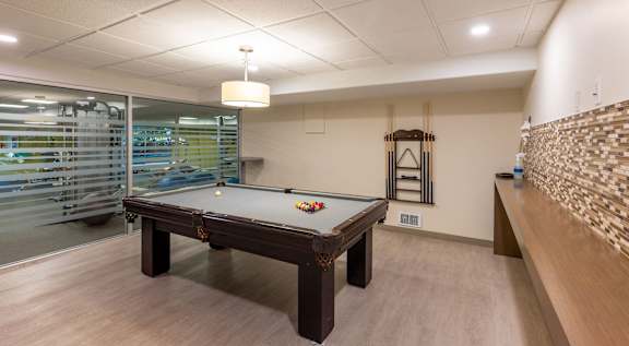 a billiards table in a game room with a glass door
