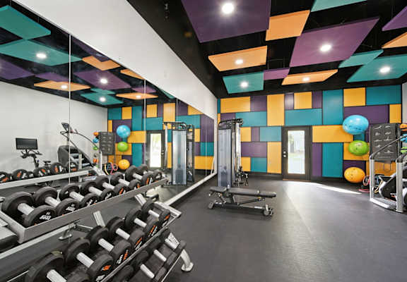 A gym with a variety of equipment including dumbbells, weight machines, and exercise balls.