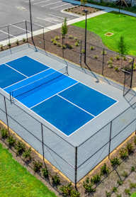 A tennis court surrounded by a fence and greenery.