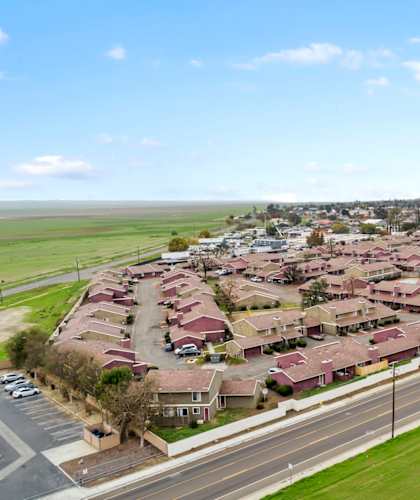 A residential area with houses and streets.
