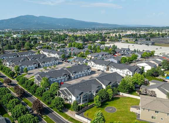 A suburban neighborhood with houses and a mountain in the distance.