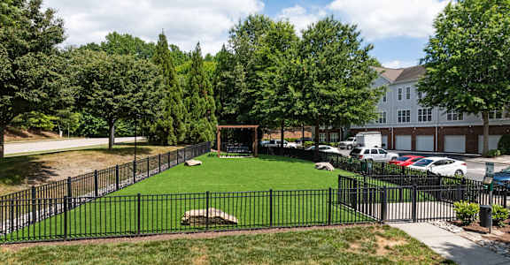 a yard with green grass and a fence around it