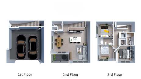 Floor Plan  A diagram showing the layout of a three-story apartment.