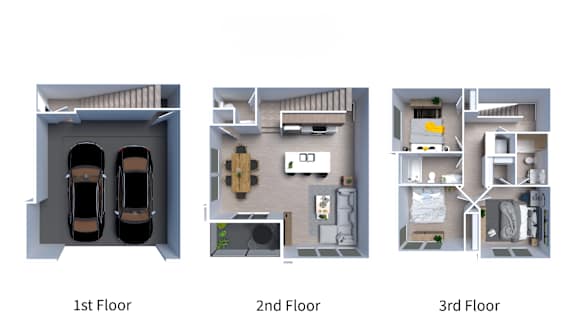 A diagram showing the layout of a three-story apartment.