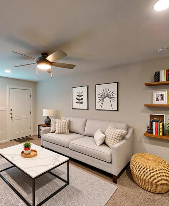 A living room with a white couch, a glass coffee table, and a ceiling fan.