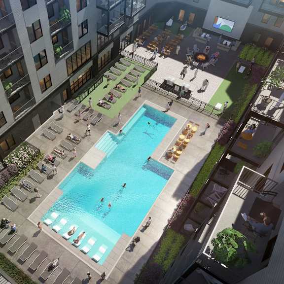 a rendering of an apartment building with a swimming pool