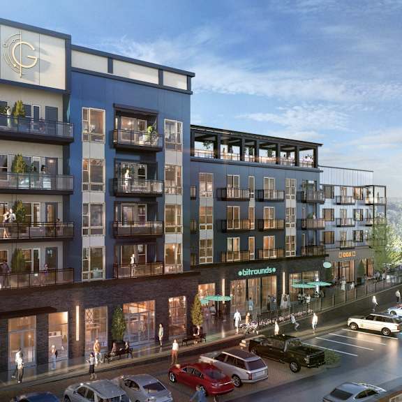 a rendering of a tall building with apartments and cars on the street
