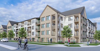 a rendering of a four story apartment building with people riding bikes