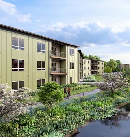 an artist rendering of a river running between apartment buildings at Boardwalk at Research Park, Alabama, 35811