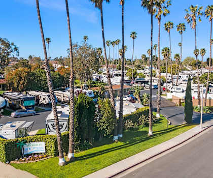 a view of a parking lot with palm trees in the background