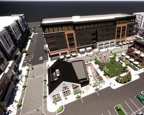 A rendering of a city street at The Union Flats at Fishers District, Indiana