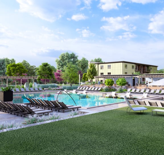 a rendering of a pool with lounge chairs and umbrellas at Boardwalk at Research Park, Huntsville, AL, 35811