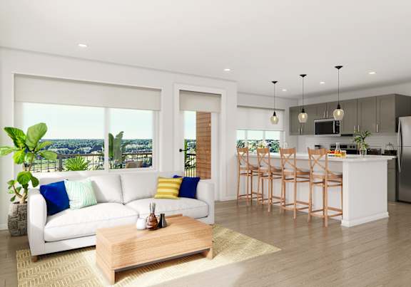 A modern living room with a view of the city.