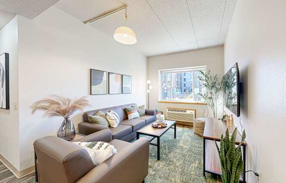 a living room with couches and a table and a window