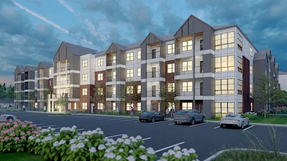 a rendering of an apartment building on a city street