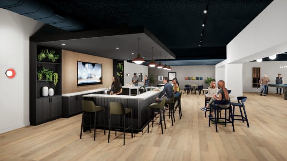 a rendering of a restaurant with a bar and tables