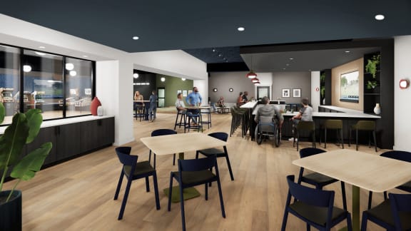 a rendering of the dining area of a restaurant with tables and chairs