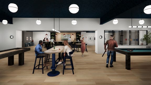a rendering of a communal room with a pool table