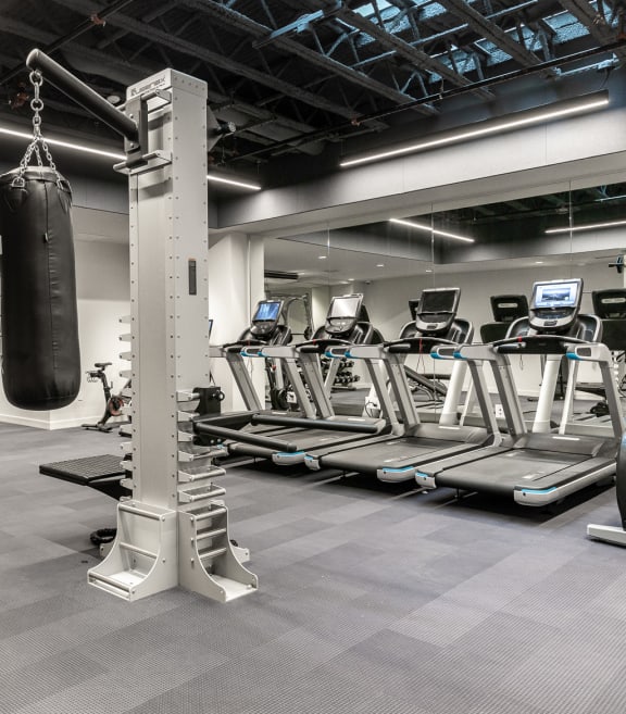 a gym with weights and cardio equipment and a punching bag at The Commonwealth Building, Pittsburgh, 15222