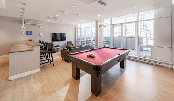 a games room with a pool table and a tv