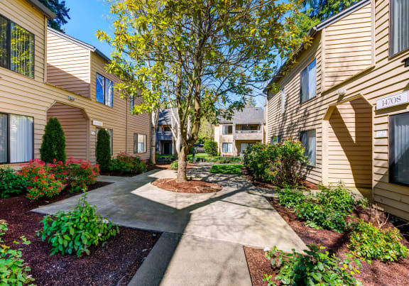 our apartments offer a walkway to the front door at The Lakes Apartments, Bellevue, WA