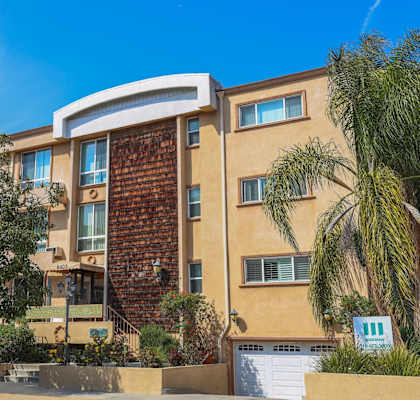 an apartment building with a palm tree in front of it