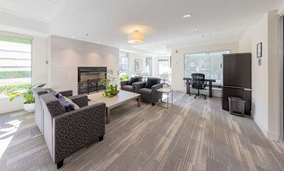 a living room with couches and chairs and a fireplace