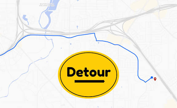 A map with a detour route highlighted in blue.
