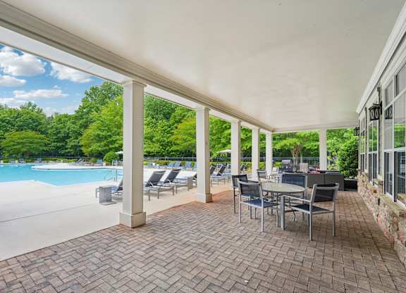 A patio with a table and chairs overlooking a pool.
