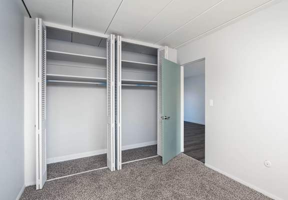 A room with a carpeted floor and a white wall with a door and a shelving unit.