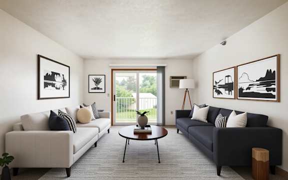 A living room with two couches and a coffee table.