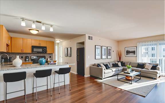 A modern kitchen with a bar area and a living room with a couch.