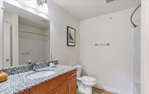A bathroom with a toilet, sink, and mirror.