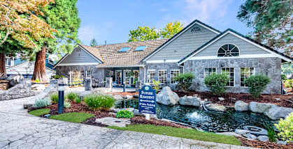 St. Marys Woods Apartments clubhouse building and fountain, Beaverton, OR, 97078