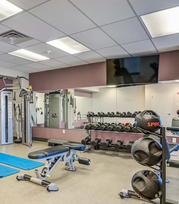 A gym with blue mats on the floor.
