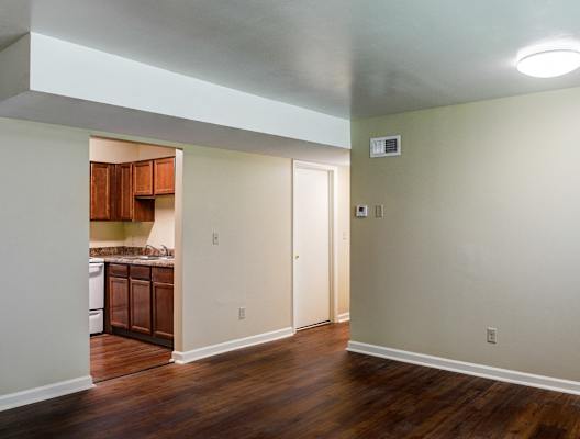 A room with a kitchen in the background and a doorway leading to another room.