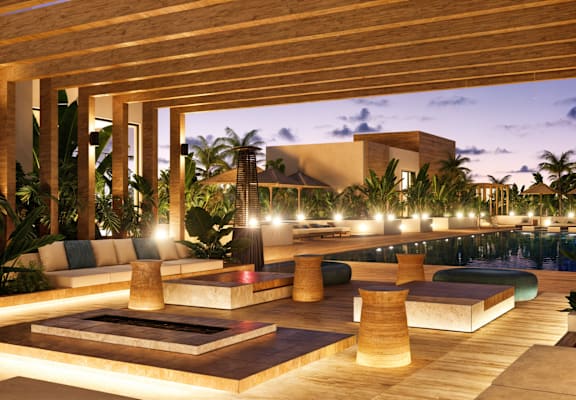 a rendering of the hotel pool at night