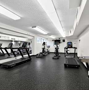 a gym with cardio equipment and weights on the floor at Avondale Overlook Apartments in Hyattsville, MD 20782