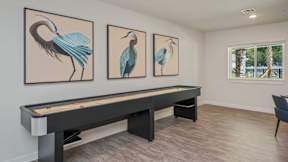 A pool table with a chair and three pictures of birds on the wall.