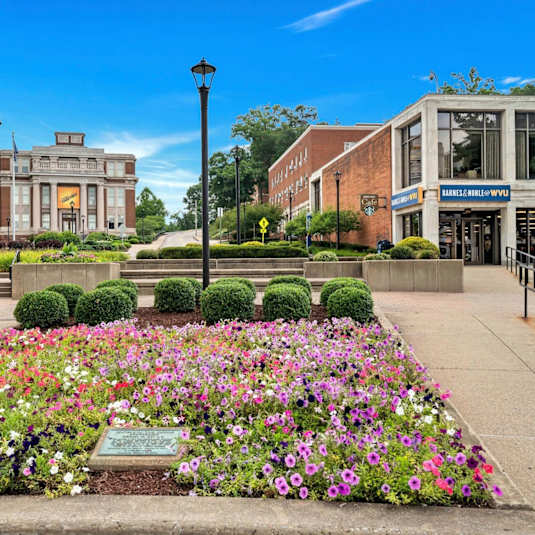 Flower bed in front of a building at Heights at Black Bear Apartments, Morgantown