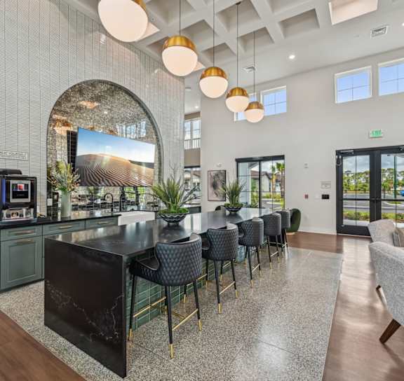 a living room with couches and chairs and a tv at The Hadley Luxury Apartments, North Port, FL