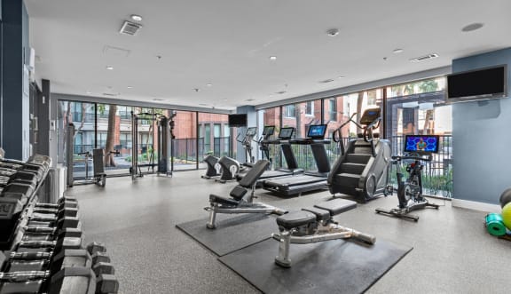 the gym with treadmills and weights at the belgard apartments