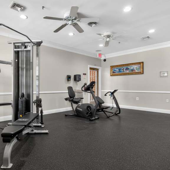 A spacious home gym with a variety of equipment including a squat rack, bench, and treadmill.