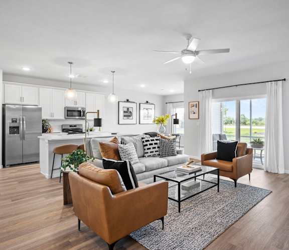 a living room with a couch and a table