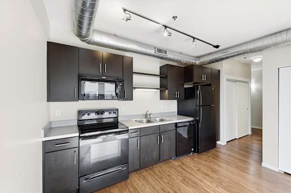 A kitchen with black cabinets and stainless steel appliances.