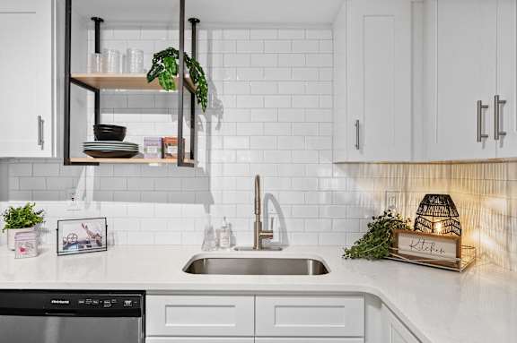 A modern kitchen with a stainless steel dishwasher and a wooden shelf above the sink.