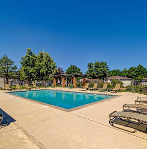A large swimming pool surrounded by lounge chairs and trees.